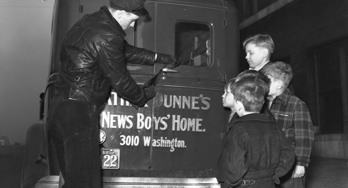 Boys and a driver at the Newsboys' Home. [State Historical Society of Missouri, Arthur Witman Photograph Collection, S0717-93]