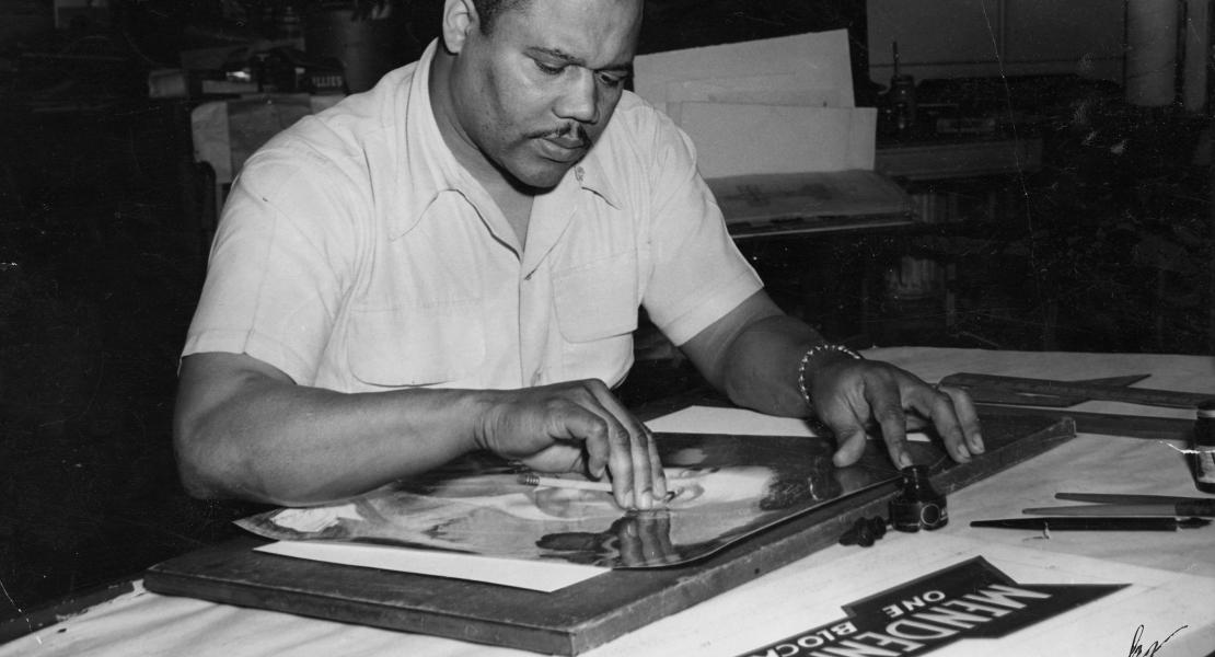 Banks at work in his Vet’s Sign and Art Shop on September 17, 1964. [State Historical Society of Missouri, Bennie G. Rodgers Collection, S0629]