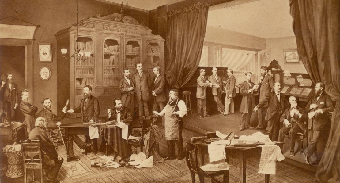 The editorial room of the Westliche Post, circa 1870. The paper’s prominent figures included Carl Schurz (fourth from left, seated at table), Emil Preetorius (sixth from left), and Joseph Pulitzer (not pictured). [Missouri Historical Society, St. Louis, Photographs and Prints Collection, N01710]
