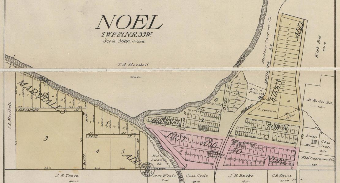 A 1909 plat map of Noel, Missouri, identifying “clubhouse” at the site of the O’Joe Club. [State Historical Society of Missouri Map Collection, Standard Atlas of McDonald County, Missouri, 1909]