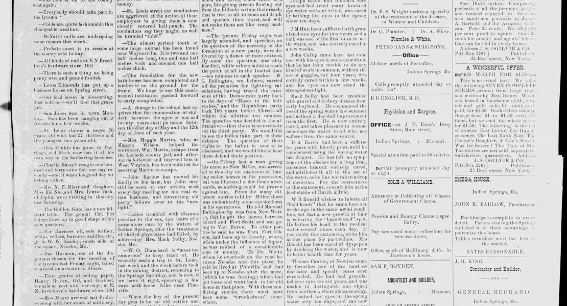 Of the three newspapers that once existed in Indian Springs, this single edition of the Echo is the only known surviving copy. [Indian Springs Echo, March 10, 1882]