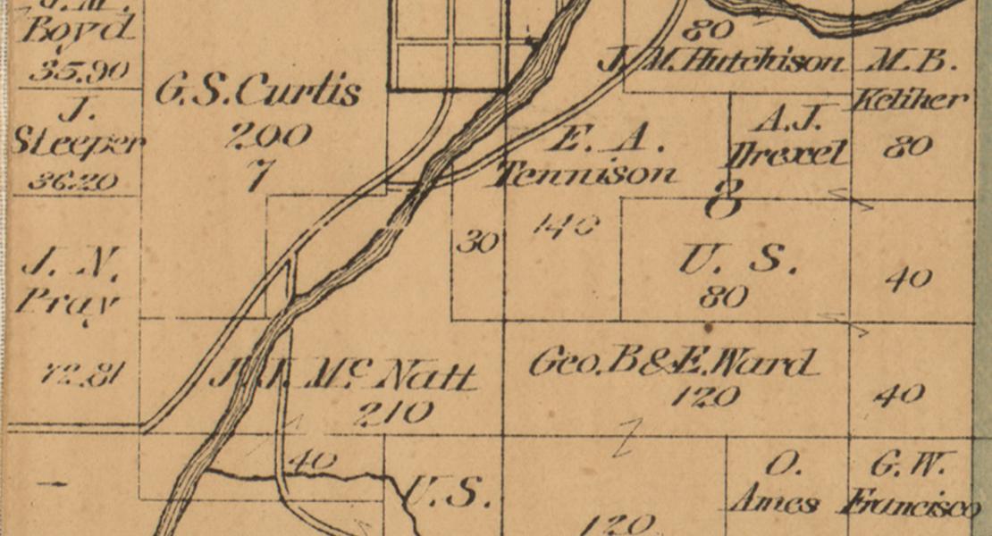 Detail from an 1884 map of McDonald County showing the town of Indian Springs, Indian Creek, and properties of nearby landowners, including John Jay McNatt. [Library of Congress, Geography and Map Division, item 2012593038]