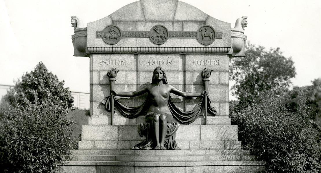 Naked Truth, commemorating Carl Schurz, Emil Preetorius, and Carl Dänzer, all editors of the Westliche Post. [Missouri Historical Society, St. Louis, Photographs and Prints Collection, P0177-00002]