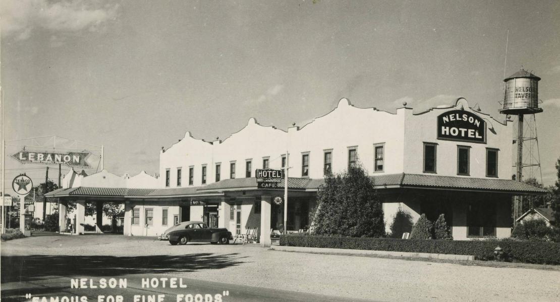 The Nelson Hotel, formerly known as Nelson Tavern, in Lebanon, Missouri. [State Historical Society of Missouri, John F. Bradbury Postcard Collection, R1551]
