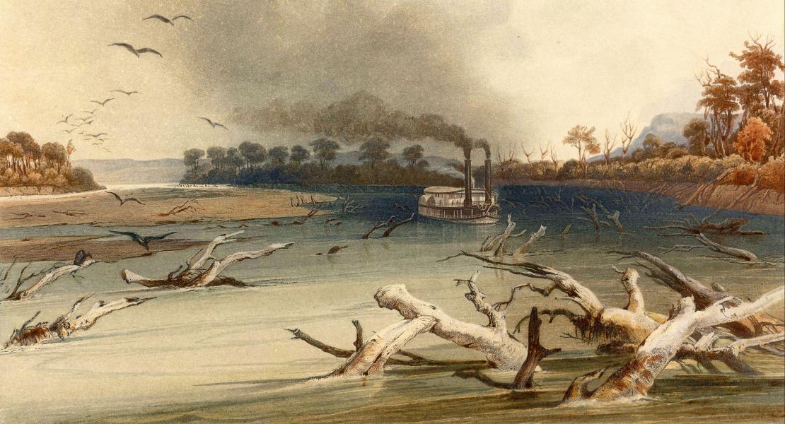 Snags (Sunken Trees) on the Missouri, print replicating Karl Bodmer’s painting, 1841. [State Historical Society of Missouri, Art Collection, 1958.0006c1]