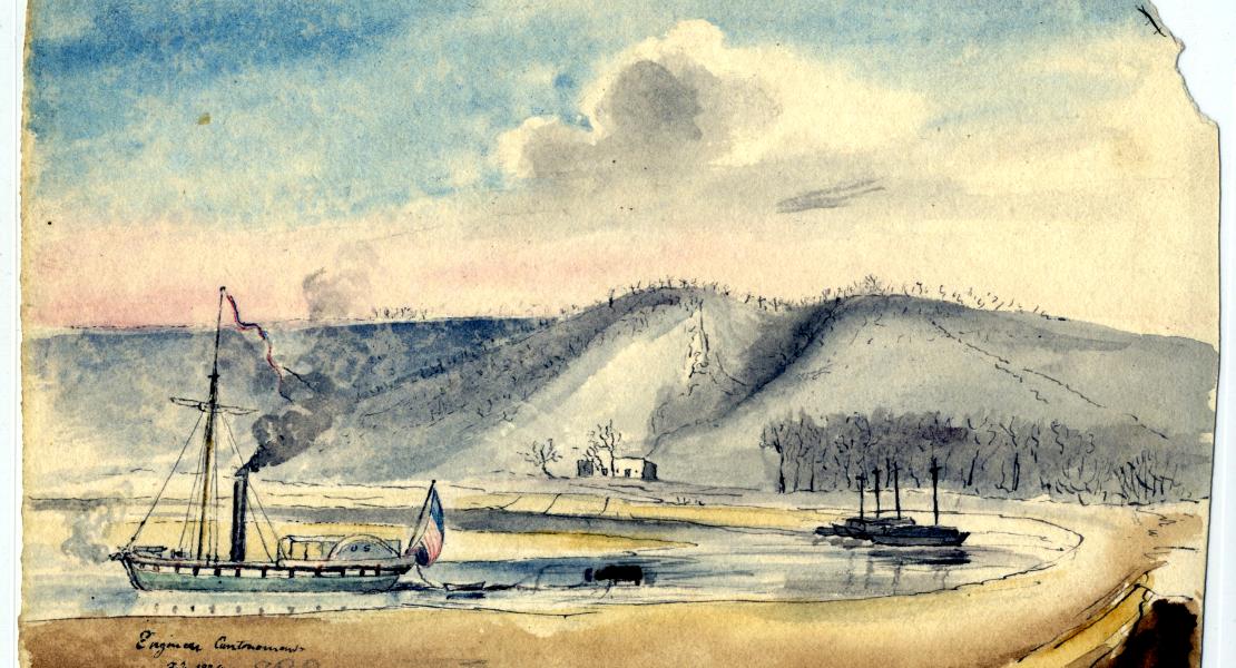 Titian Ramsay Peale’s depiction of the Engineer Cantonment, where he and members of the Long Expedition spent the winter of 1819–1820. [American Philosophical Society, Titian Ramsay Peale Sketches, neg1144.060]