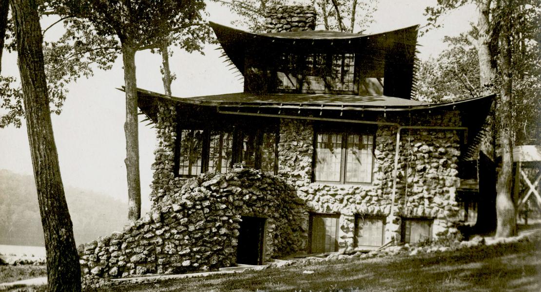 Lucile Morris Upton was interested in local history and historic preservation; this photograph shows the distinctive home of Willard and Anna Merriam of Rockaway Beach, Missouri. [State Historical Society of Missouri, Lucile Morris Upton Papers, C3869]