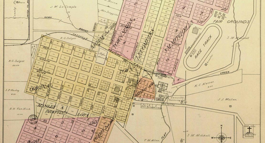 A plat map of Cassville, Missouri, showing the Cassville and Western line. [Standard Atlas of Barry County, Missouri, 1909]