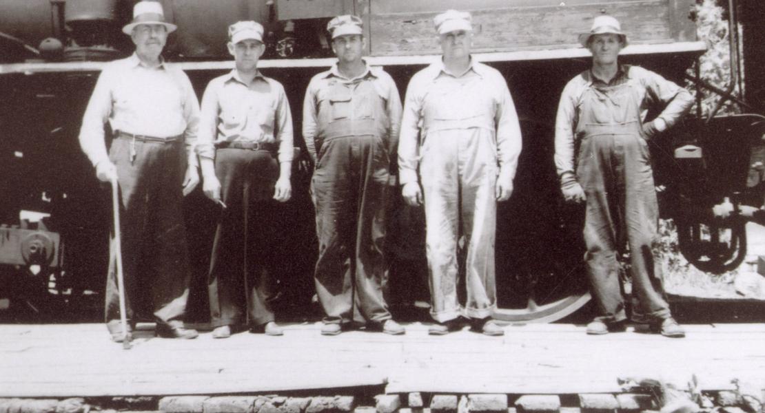 The Cassville and Exeter’s operations crew in the 1930s. From left to right: Dave Dingler, Emons Hawke, Cecil Hodge, Bert Anderson, and Buck Crane. [State Historical Society of Missouri Rolla Research Center, Cassville & Exeter Railway Company Records, R0421]