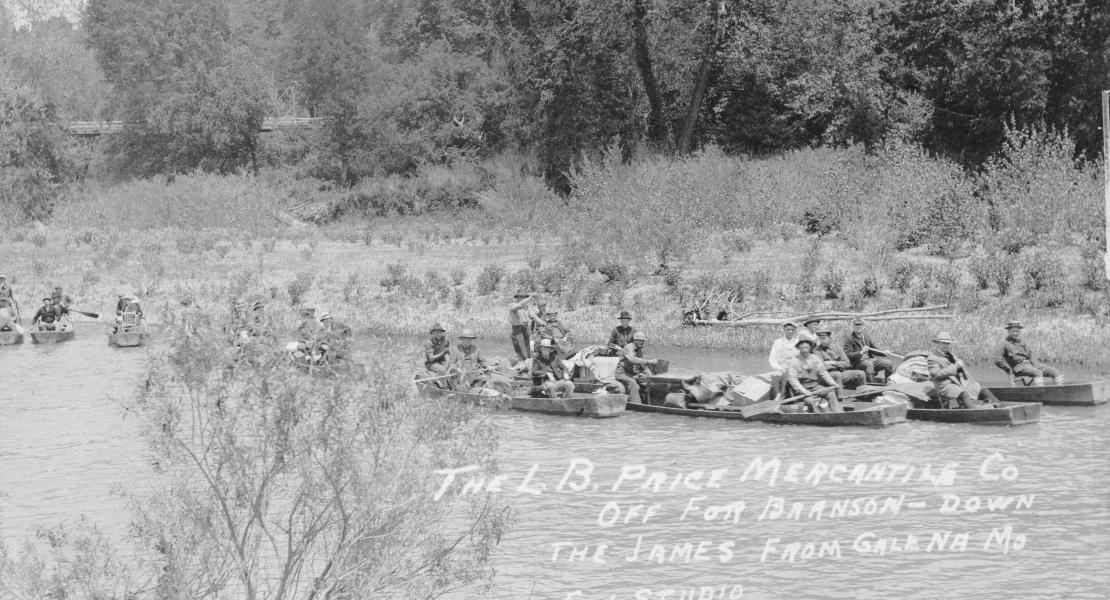 A group of outdoorsmen on a guided float trip down the James River. The classic Galena-to-Branson float took five or six days. [State Historical Society of Missouri, Lynn Morrow Collection, R1523]