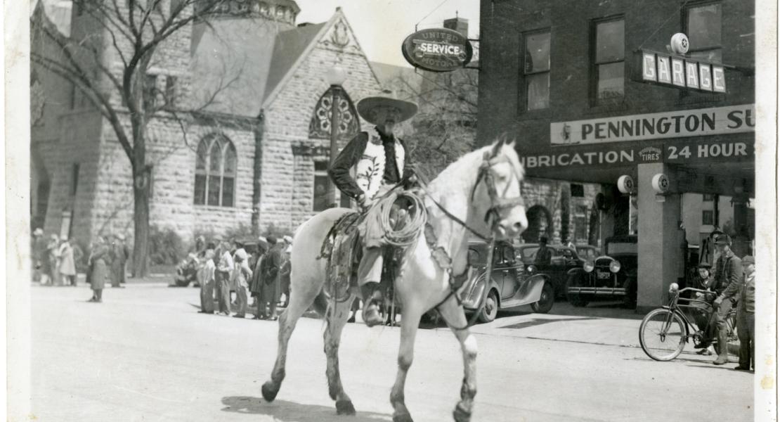 Performer on parade, date and location unknown. [State Historical Society of Missouri, Parker and Watts Circus Records (C2307)]