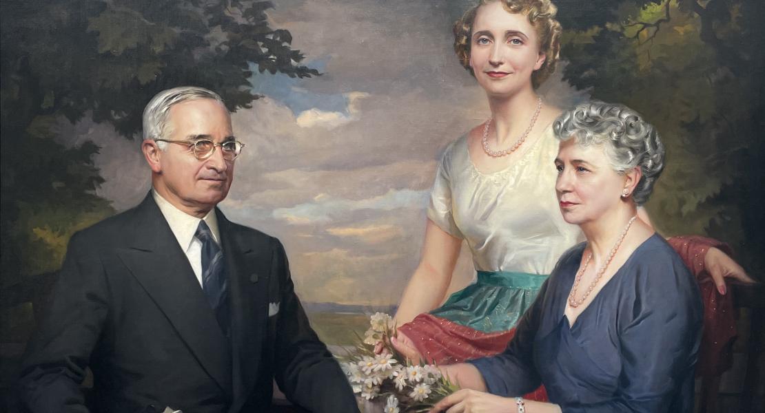 The Truman family with Harry, Margaret, and Bess from left to right. This portrait is on permanent display at the State Historical Society of Missouri’s William Guitar Little Gallery of Art.  [State Historical Society of Missouri Art Collection, 1952.0035]