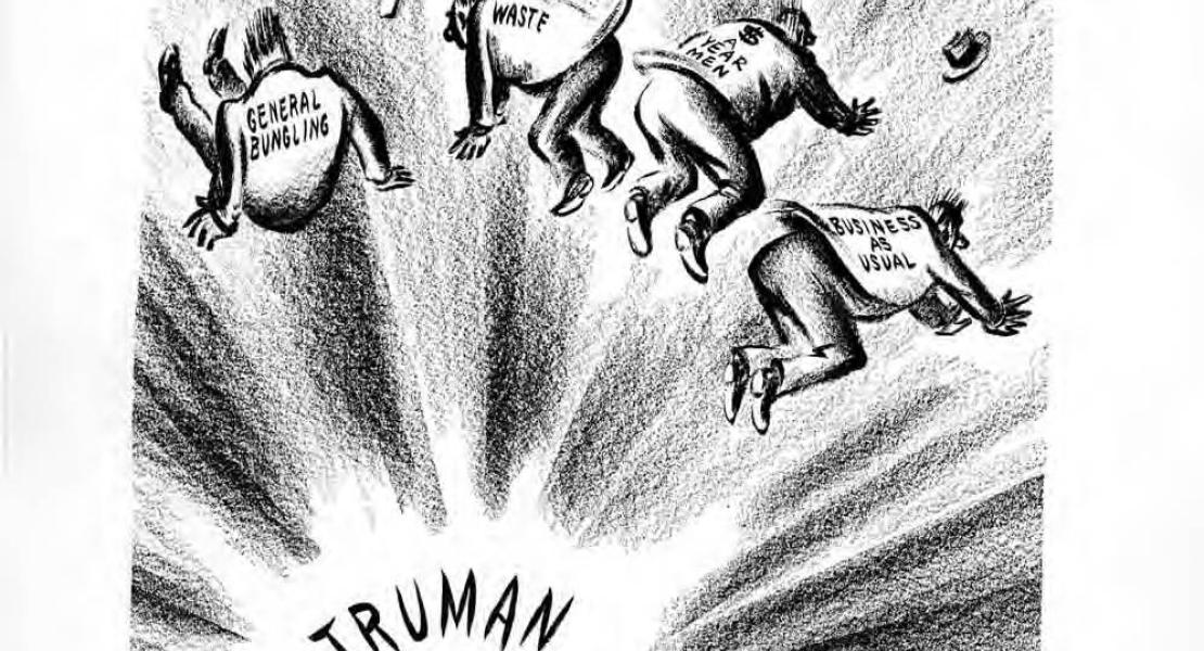 St. Louis Post-Dispatch editorial cartoonist Daniel Fitzpatrick succinctly captured the bombshell effect of the Truman Committee’s findings on World War II military waste and inefficiency.  [State Historical Society of Missouri, The St. Louis Post-Dispatch Editorial Cartoon Collection, P0077]