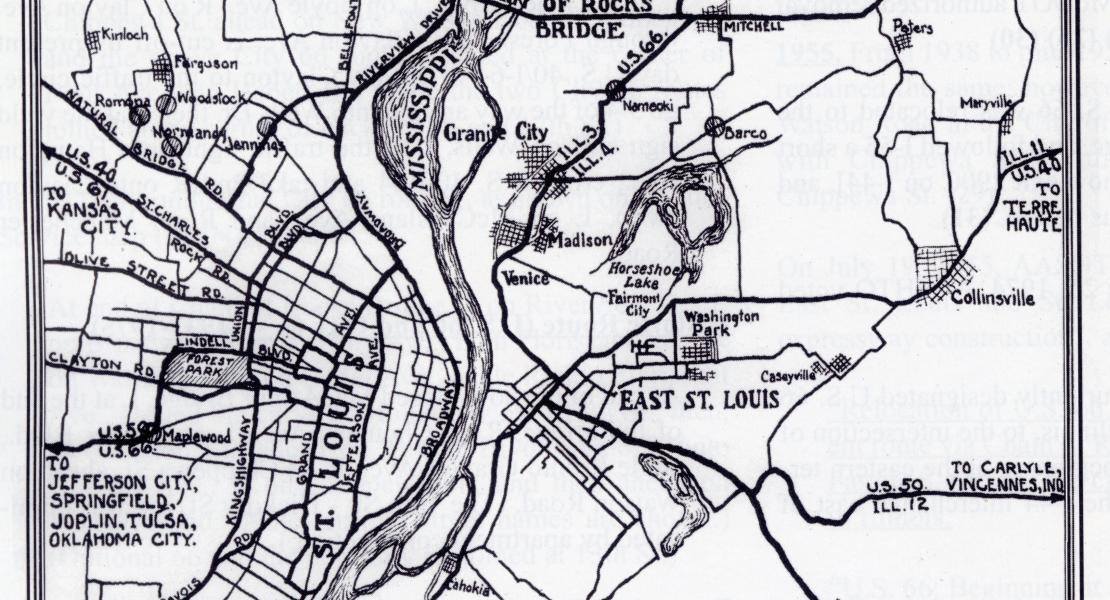 A map showing Chain of Rocks’s proximity to the city of St. Louis. [St. Louis Post-Dispatch, December 9, 1928]