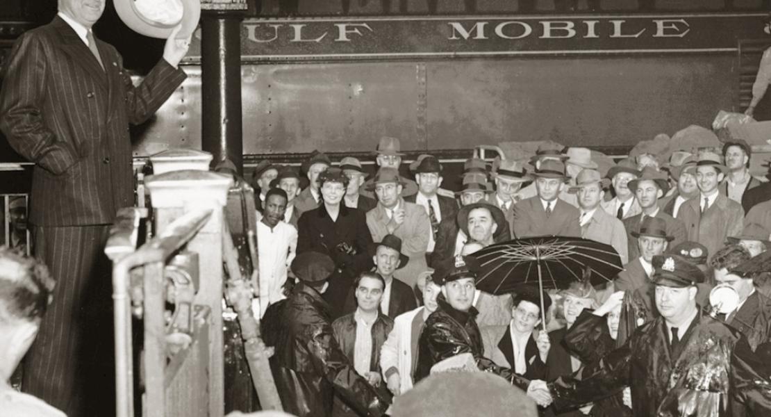 Harry S. Truman waving from the back of a train on his 1948 whistle-stop tour across the US. He frequently criticized the “Do-Nothing” Republican Congress during campaign stops.  [Missouri Historical Society, St. Louis, Pierce W. Hangge Collection, N20207]
