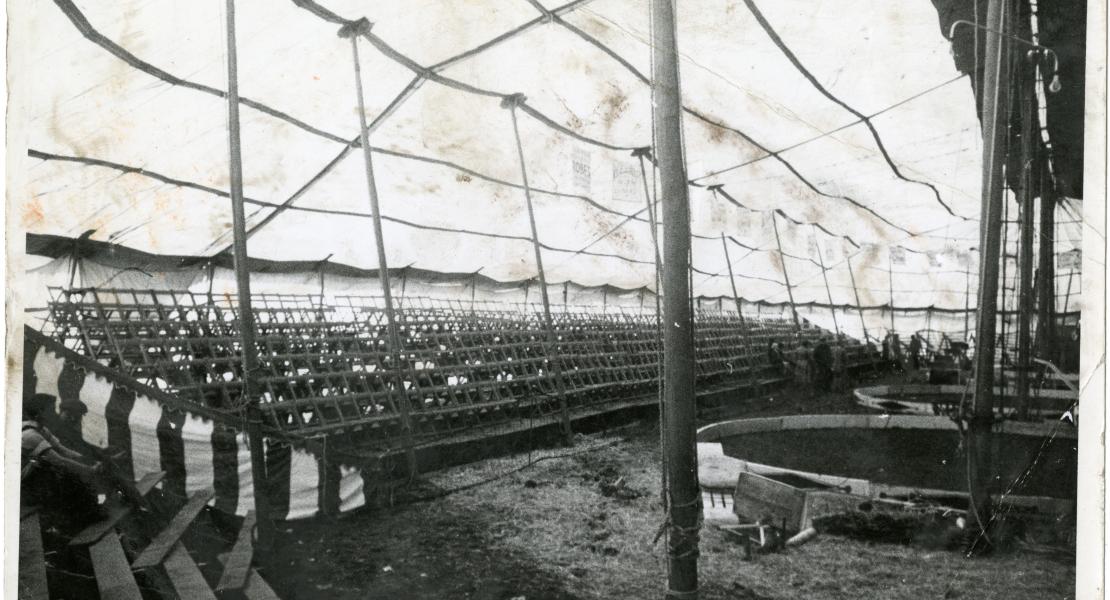 View of the inside of a Parker and Watts Circus tent, date and location unknown.   [State Historical Society of Missouri, Parker and Watts Circus Records (C2307)]