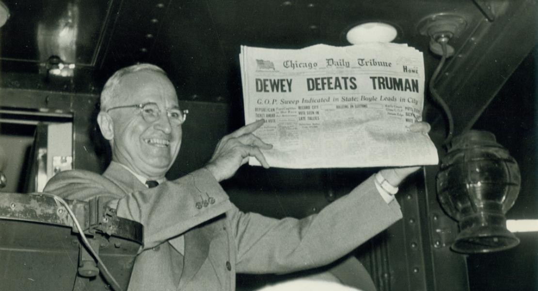 Truman on the morning of November 4, 1948. The publishers of the Chicago Daily Tribune were confident in early polling results and called the race too soon.  [Missouri Historical Society, St. Louis, MHS Photographs and Prints Collection, N13427]