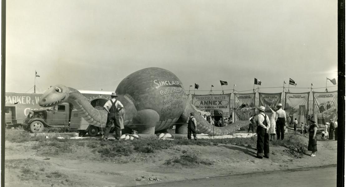  Sinclair dinosaur promotion at Parker and Watts Circus, date and location unknown. [State Historical Society of Missouri, Parker and Watts Circus Records (C2307)]