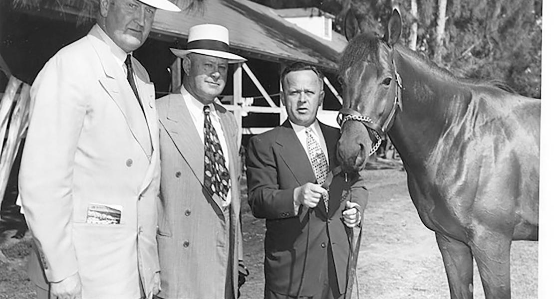 Citation is held by Jimmy Jones. Ben Jones and Captain Sir Charles Cecil Boyd-Rochefort stand to his left. This photo was taken at Hialeah Park in January 1949.  [Courtesy of the National Museum of Racing and Hall of Fame] 