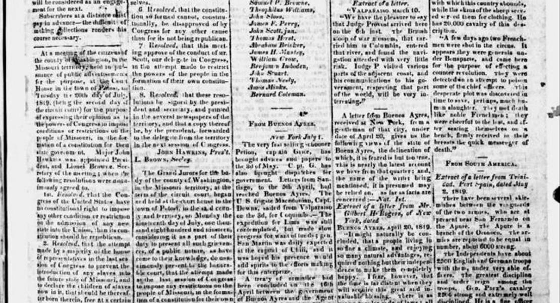 An early edition of the Missouri Intelligencer and Boon’s Lick Advertiser, August 20, 1819. [State Historical Society of Missouri, Newspaper Collection]
