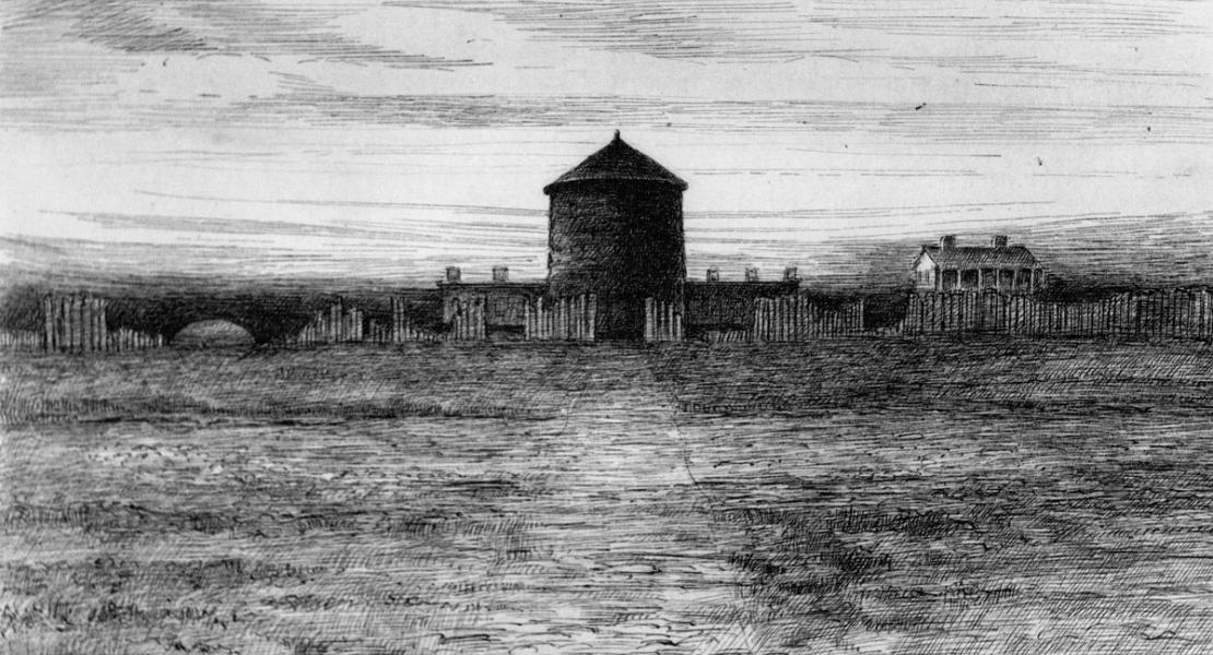 An artist’s depiction of Fort San Carlos. Constructed under orders from Fernando de Leyba, it played a crucial role in stopping the British attack on St. Louis in 1780. [Walter B. Stevens, ed., History of St. Louis the Fourth City, 1764–1909, vol. 1 (1909)]