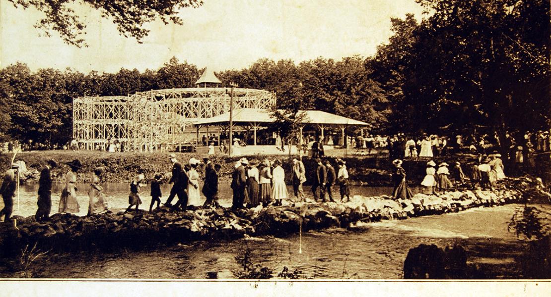 The Figure 8 roller coaster at Lakeside Park, added in 1907, was a “huge reversing spiral” in which cars rushed down a half-mile curving track with “three figure eights in a descent of 50 feet.” [Courtesy of the Joplin Historical & Mineral Museum]