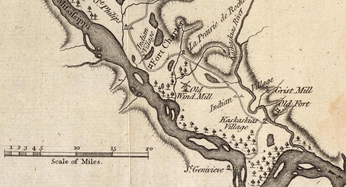 A detail from Thomas Hutchins’s 1778 map of the Illinois Country showing Ste. Genevieve, Kaskaskia, and Fort de Chartres. [Courtesy of the David Rumsey Historical Map Collection, Image 5045002]