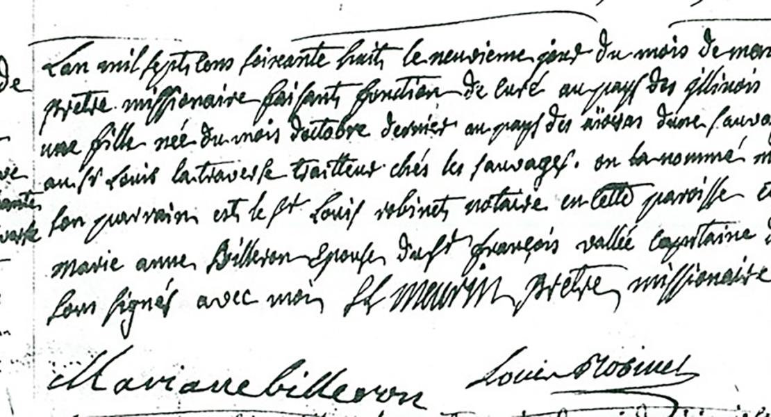 Marianne Billeron Vallé’s signature on a baptismal record in 1768. She signed as the godmother to Marie-Louise, the daughter of an enslaved Native American woman. [State Historical Society of Missouri, Ste. Genevieve Parish Records, C3040]