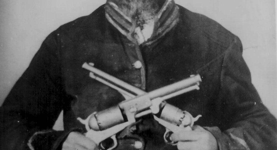 Andrew Jackson Henderson, a member of the Stone Prairie Home Guard, pictured later in the war after he joined Company G of the Fifteenth Missouri Cavalry Volunteers. He also served in Company L of the Seventy-Sixth Enrolled Missouri Militia. [Courtesy of Jeremiah Buntin and Kimberly Harper]