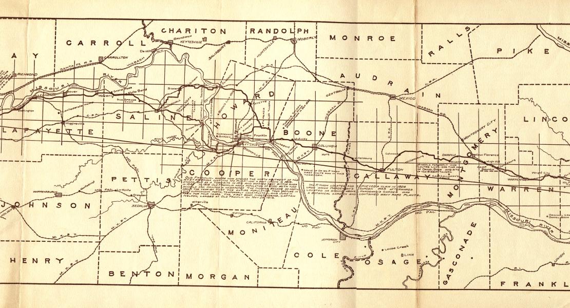 A 1911 State Highway Department map of the Boone’s Lick Road and Santa Fe Trail. [State Historical Society of Missouri Map Collection, 850 M691h 1911]