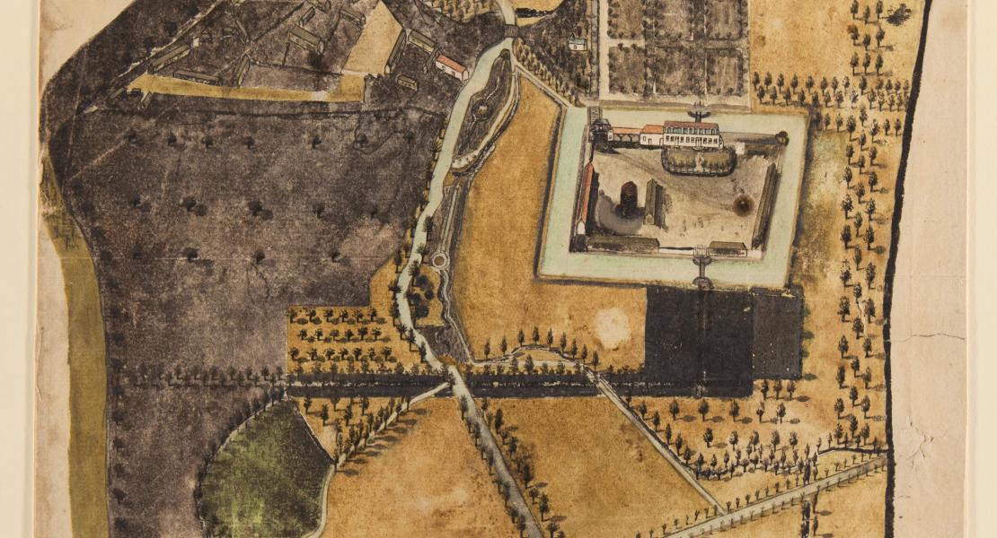 This watercolor rendering of “Plan de Luzieres” is thought to show the French ancestral home of Pierre-Charles Delassus de Luzières. [Missouri Historical Society, St. Louis, X08600]