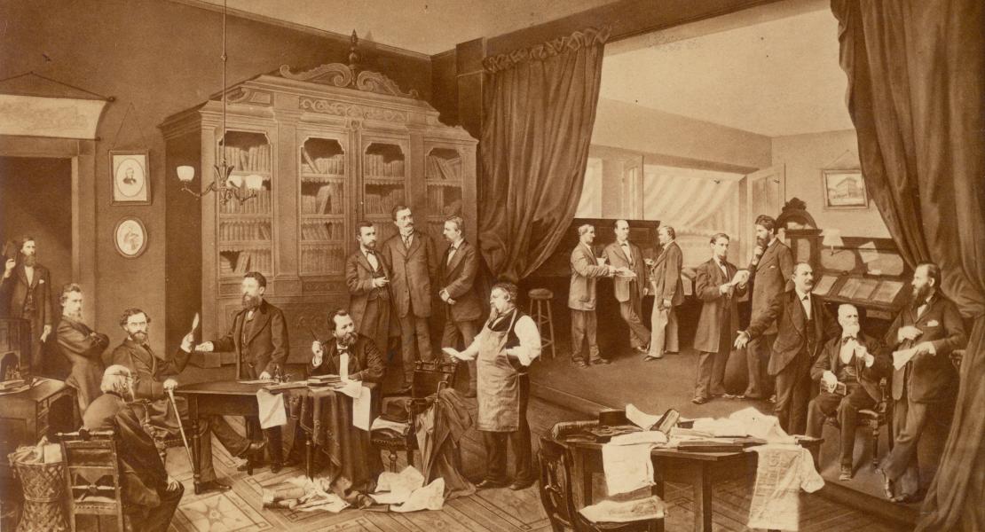 The editorial room of the Westliche Post, circa 1870. The paper’s prominent figures included Carl Schurz (fourth from left, seated at table), Emil Preetorius (sixth from left), and Joseph Pulitzer (not pictured). [Missouri Historical Society, St. Louis, Photographs and Prints Collection, N01710]