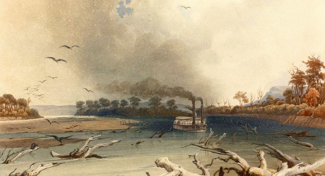 Snags (Sunken Trees) on the Missouri, print replicating Karl Bodmer’s painting, 1841. [State Historical Society of Missouri, Art Collection, 1958.0006c1]