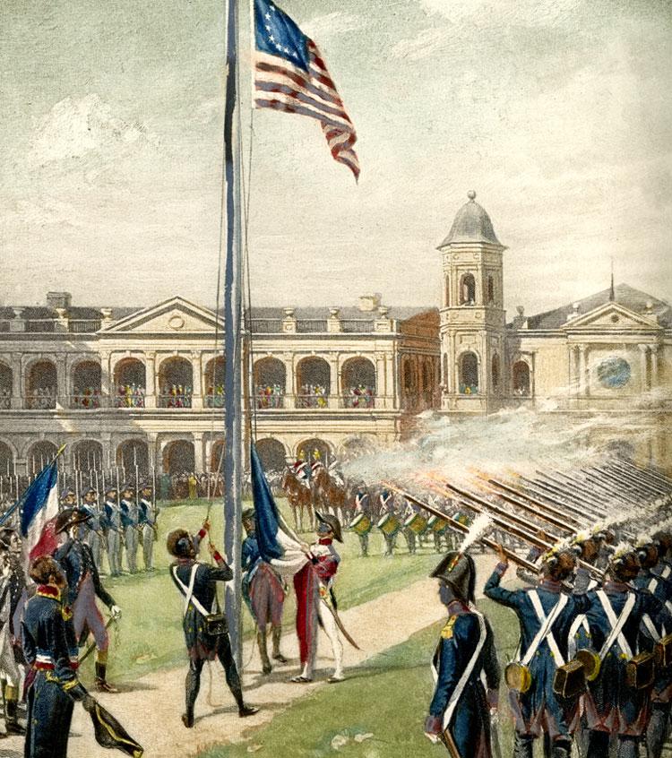 An artist’s rendition of the ceremony in New Orleans on December 30, 1803, in which the Louisiana Territory was transferred from France to the United States.
